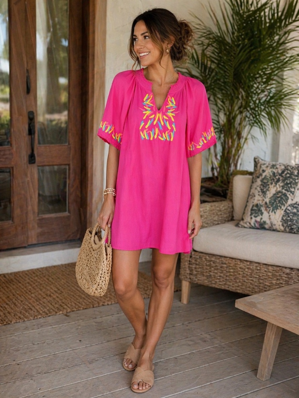 JODIFL Hot Pink Embroidered Mini Dress